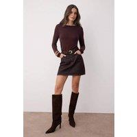 WOVCOR Women's High-Waist Mini A-Line Denim Skirt with Pocket Detail in Brown | Size: 12