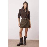 WOVCOR Women's High-Waist Mini A-Line Denim Skirt with Pocket Detail in Khaki | Size: 12