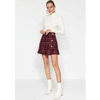 WOVCOR Women's Tweed Mini Skirt with Button & Flounce Hem Detail in Burgundy | Size: 10