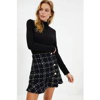WOVCOR Women's Tweed Mini Skirt with Button & Flounce Hem Detail in Black | Size: 4