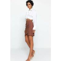 WOVCOR Women's High Waist Asymmetric Wrap Mini Skirt with Draped Front Detail in Brown | Size: 8