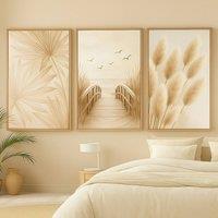 Mafett Neutral Botanical Canvas Wall Art Set of 3 Beige Boho Prints | Size: W24 x H32
