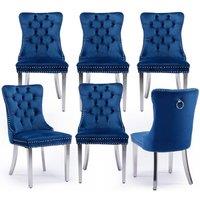 HomeTouch Winchester Set of 6 Velvet Upholstered Kitchen Dining Chairs with Sliver Chrome Legs in Blue | Size: 6 Pack
