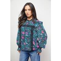 Oasis Women's Printed Lace Trim Pleat Detail Boho Blouse in Black | Size: 8