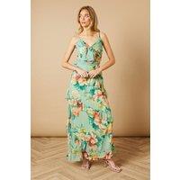 Oasis Women's Floral Waist Detail Ruffle Midi Dress in Green | Size: 10