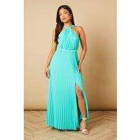 Oasis Women's Petite Halterneck Pleated Tie Detail Midi Dress in Aqua | Size: 14