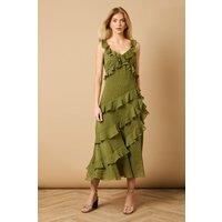 Oasis Women's Dobby Ruffle V Neck Tiered Midi Dress in Khaki | Size: 16