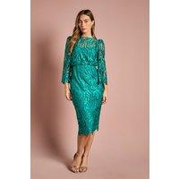 Coast Women's Satin Lace Boat Neck Midi Dress With Fluted Sleeve in Emerald | Size: 10