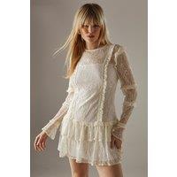 Warehouse Women's Lace Ruffle Insert Mini Dress in Cream | Size: 14
