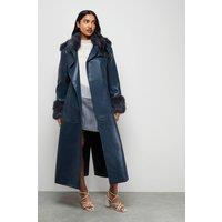 Warehouse Women's PU Belted Faux Fur Collar Trench Coat in Teal | Size: XS