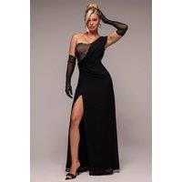 Goddiva Women's One Shoulder Diamante Chiffon Evening Maxi Dress in Black | Size: 18