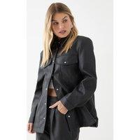 MissPap Women's Faux Leather Shoulder Pad Shirt in Black | Size: 8