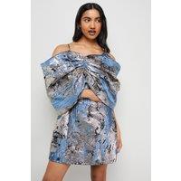 Warehouse Women's Metallic Jacquard Dramatic Sleeves Mini Dress in Blue | Size: 10