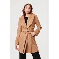 Izabel London Women's Faux Fur Trim Tie Waist Longline Coat in Beige | Size: 12