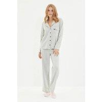 WOVCOR Women's 2-Piece Knit Piping Pocket Detail Long Sleeve Pajama Set in Grey | Size: Large