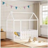 Wooden House Toddler Bed with Fence & Roof in White