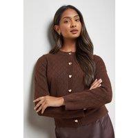 Oasis Women's Heart Button Crew Neck Cardigan in Chocolate | Size: Small