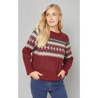 Wallis Women's Petite Fairisle Crew Neck Jumper in Burgundy | Size: Large