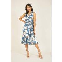 Mela Women's Satin Floral 'Nya' Midi Wrap Dress in Blue | Size: 10