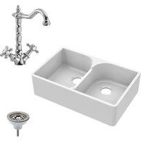 Balterley Fireclay 2 Bowl Stepped Weir Butler Sink Tap Waste 795mm in White