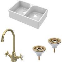 Balterley Fireclay 2 Bowl Stepped Weir Butler Sink Wastes Tap 795mm in White