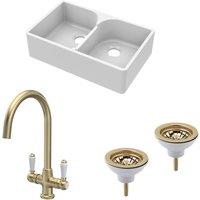 Balterley Fireclay 2 Bowl Stepped Weir Butler Sink Wastes Tap 795mm in White