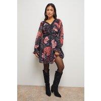 Oasis Women's Petite Printed Lace Trim Gathered V Neck Mini Dress in Floral | Size: 18