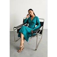 Warehouse Women's Petite Satin Jacquard Lace Insert Godet Midi Dress in Teal | Size: 10