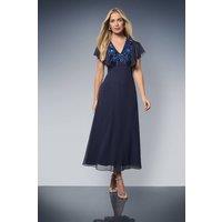 Wallis Women's Petite Embellished Floral Angel Sleeve Midi Dress in Navy | Size: 20