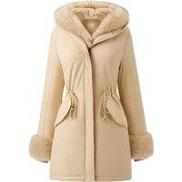 MODISHION Women's Polyester Coat with Faux Fur Hood in Light Beige | Size: 2XL