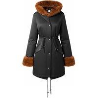MODISHION Women's Mid-Length Hooded Coat with Drawstring Waist in Black | Size: Small
