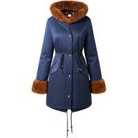 MODISHION Women's Mid-Length Hooded Coat with Drawstring Waist in Navy | Size: Large