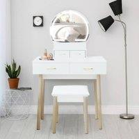 Alivio Women's Dressing Table Set - Vintage Vanity Desk Round Mirror with LED Lights, Cushioned Stool, 4 Drawers Makeup Table Kit in White