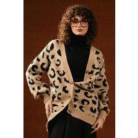 Urban Studio Women's Leopard Print V-Neck Buttoned Front Soft Acrylic Knit Cardigan in Khaki | Size: Small