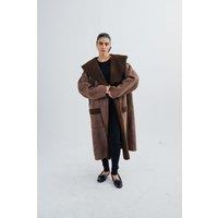 Zafosh Women's Relaxed Fit Suede Inside Fur Shearling Over coat in Brown | Size: Medium