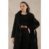 Zafosh Women's Premium Wool Blend Belted Zipped Over coat in Black | Size: Medium