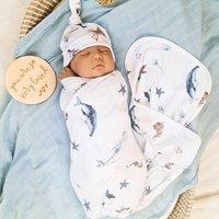 Minky Myles Newborn Baby Sea Creatures Animal Blanket With Hat Swaddle Set in White | Size: 0-12 m