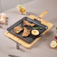 Living and Home 28/24CM Cast Iron Grill Pan Cookware with Folding Wood Handle & Oil Spout in True Black | Size: Large