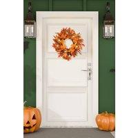 H&O Direct 45cm Fall Maple Leaf & Berry Wreath with LED String Lights - Warm Autumn Decoration in Orange