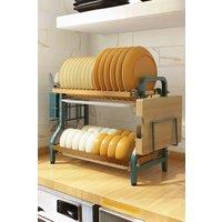 Living and Home 2-Tier Detachable Steel Dish Rack Drainer Drying Storage with Kitchenware Holder in Green