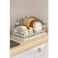 H&O Direct Metal Dish Drainer Rack Organizer with Dinnerware Holder for Kitchen Sink Storage in White