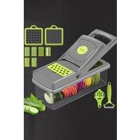 H&O Direct 14ps Kitchen Multifunctional Food Slicer Chopper Cutter Set with 8 BladesPeeler in Grey