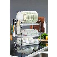 Living and Home 3 Tier Dish Drainer Rack Plate Draining Tray Board Kitchen Washing Storage with Utensils Hooks in Silver