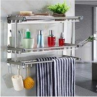 Living and Home 2-Tier Wall Mounted Stainless Steel Bathroom Shelf with Towel Bars in Silver