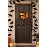 Living and Home 35cm Halloween Maple Leaves Berries Rattan Wreath with Ghost Card & 2m LED String Lights in Orange