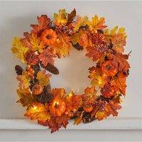 H&O Direct 60cm LED Light-Up Autumn Wreath with Faux Maple Leaves Halloween Decor in Orange