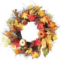 H&O Direct 60cm Autumn Wreath with Maple Leaves, Pumpkins, Berries & 2m LED Lights
