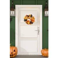 H&O Direct 35cm Halloween Wreath with Maple Leaves, Berries, Ghost Card & 2m LED Lights in Orange