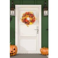 H&O Direct 55cm Autumn Daisy Maple Leaf Wreath Hanging Decoration with LED Light in Brown