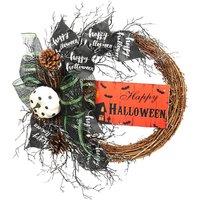 H&O Direct 40cm Halloween Pumpkin, Bow & Pine Cones Wreath with Halloween' Sign
